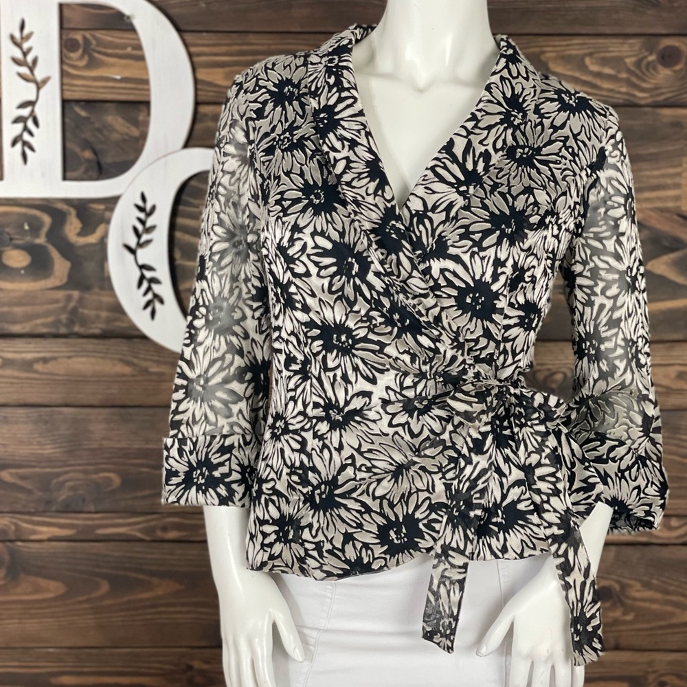 Onyx Nite Floral Sheer Mesh Floral Blazer Satin Taupe Raw Edge Wrap Style Blazer